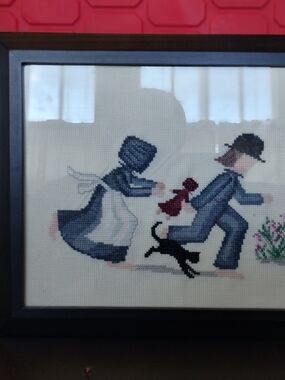 Framed Cross Stitch Couple with Black Cat - Blue and Cream